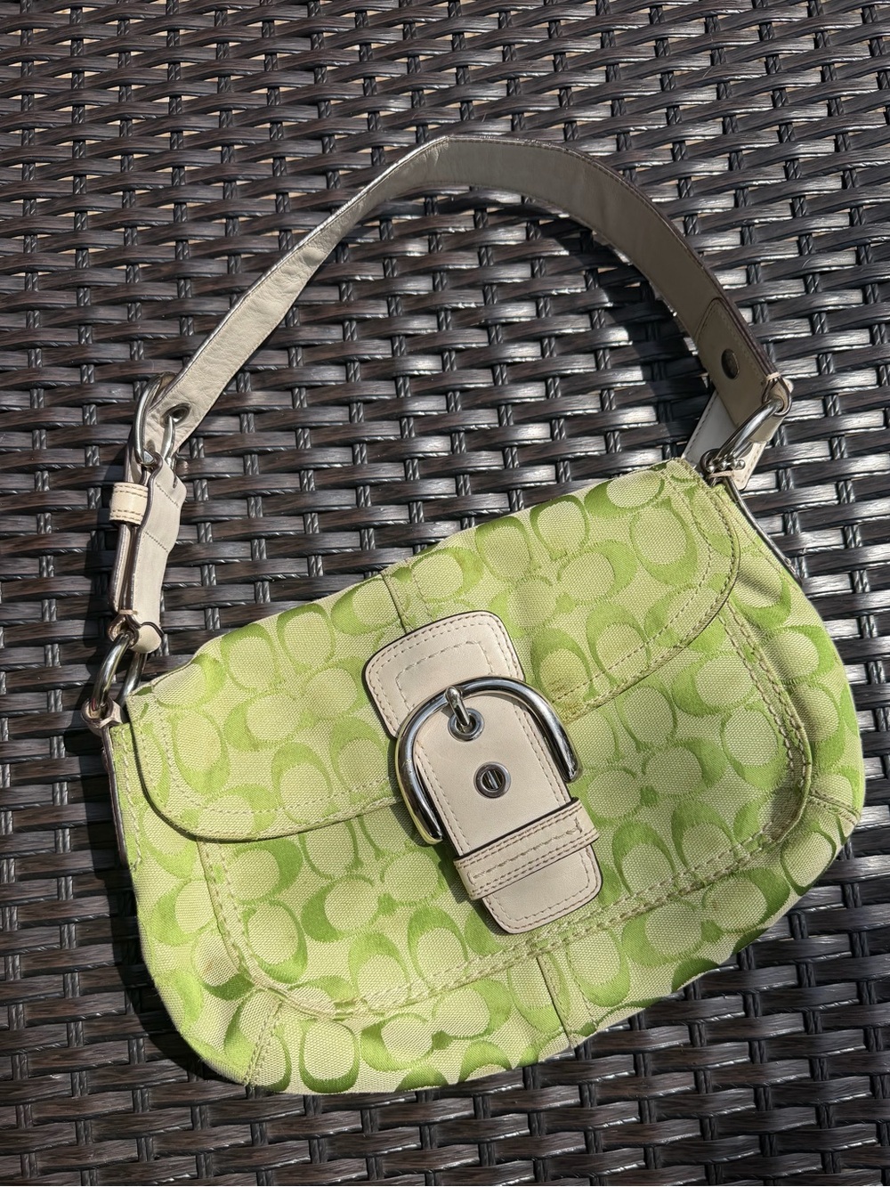 Y2K Coach Lime Signature Canvas Shoulder Bag with Cream Leather Trim